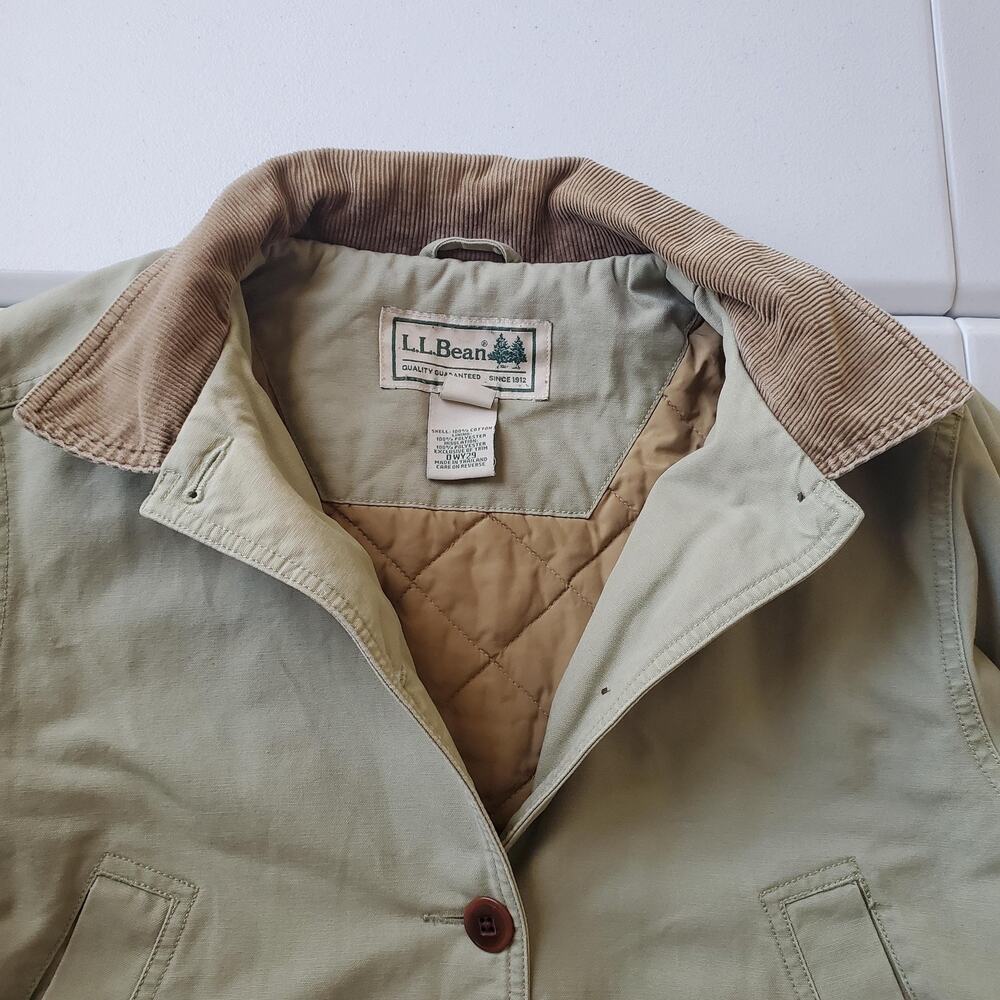 LL Bean Jacket Womens Medium Petite Green Canvas Barn Coat Corduroy Collar Lined - Picture 2 of 9